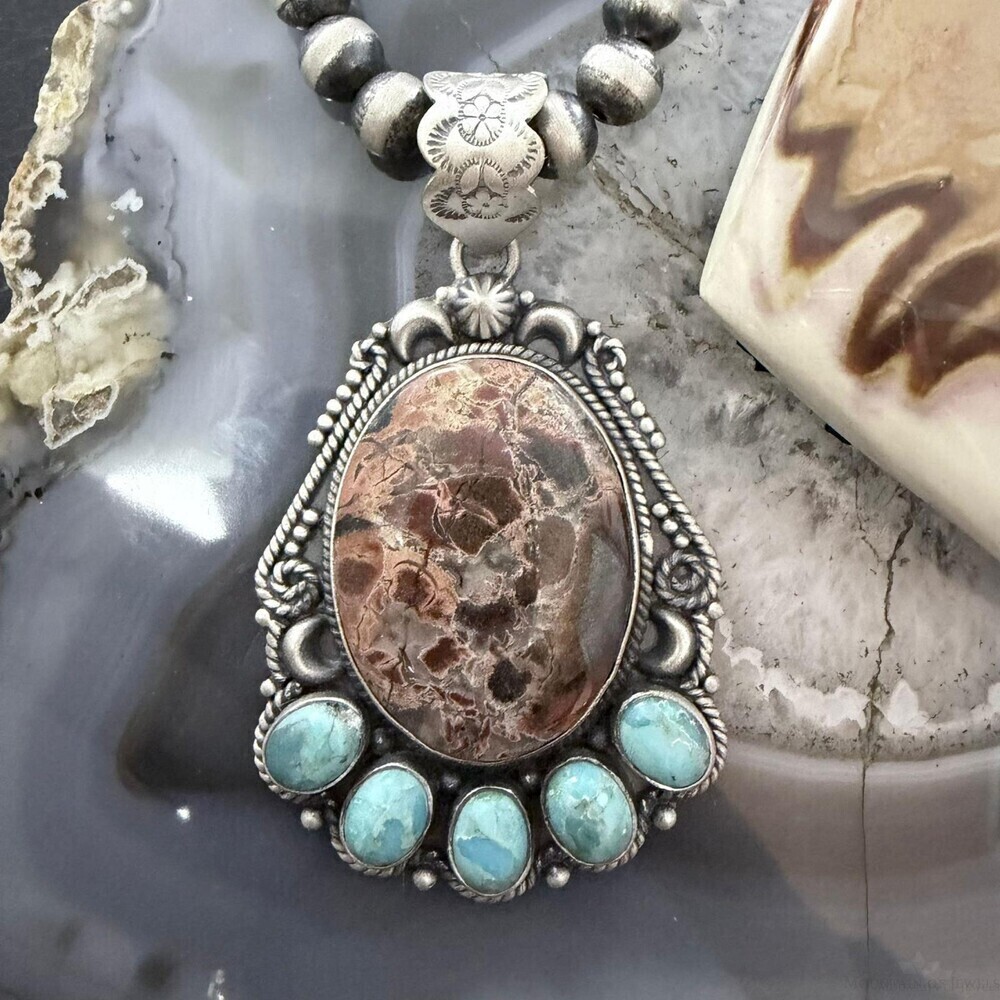 Sterling Southwestern Style Oval Red Creek & Mohave Turquoise Pendant For Women